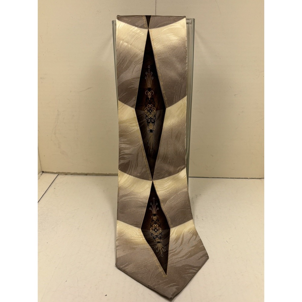 Gasparo Mens Silk Tie Brown Champagne Geometric Filigree Crest Handmade Korea